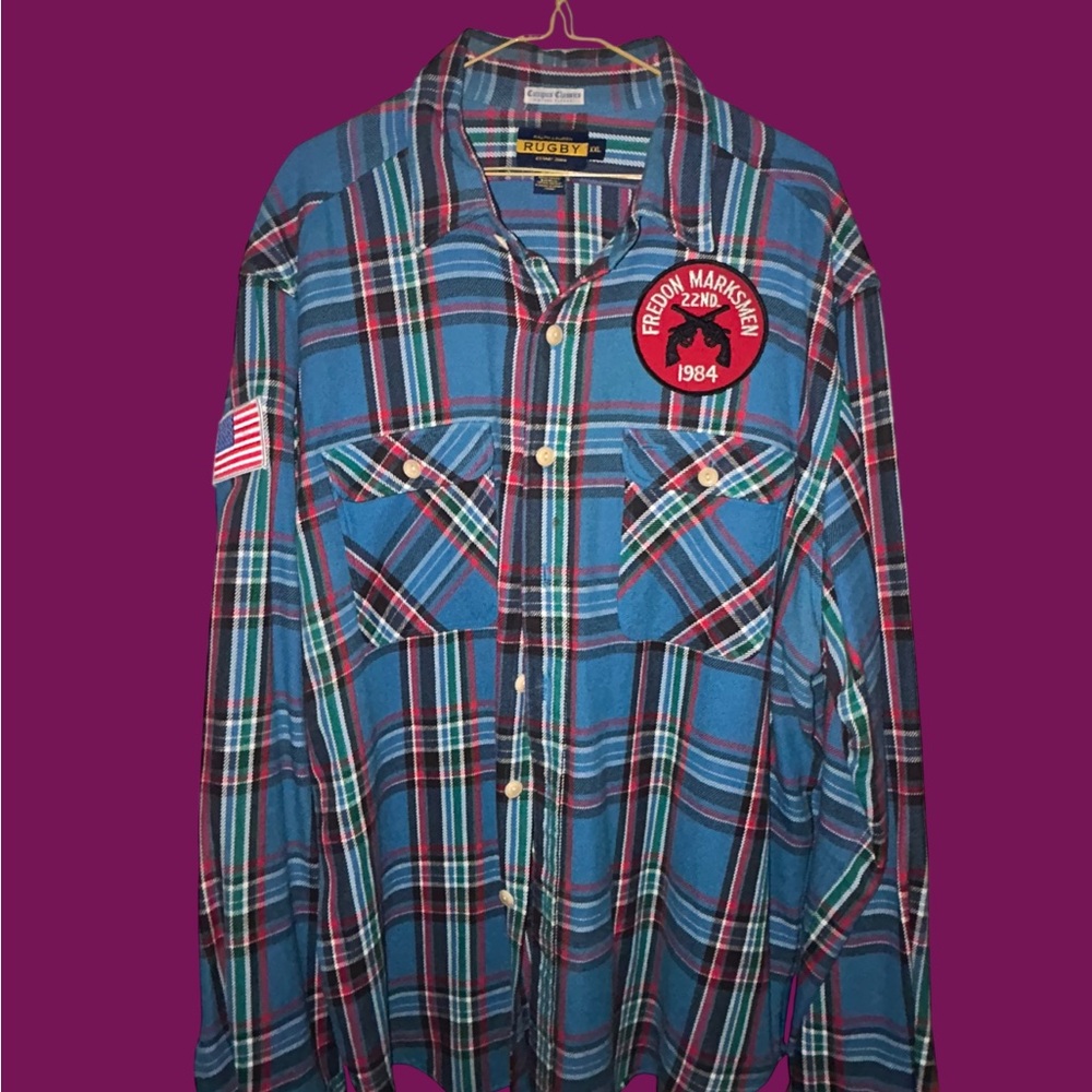 Rugby Ralph Lauren Teal and Red Plaid Button-Down Shirt with Patch